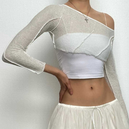 Stitch long sleeve solid off shoulder crochet crop top