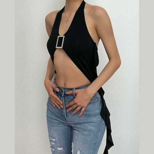 Solid halter buckle self tie ribbon backless crop top