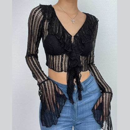 Lace see through flared sleeve v neck ruffle solid button crop top