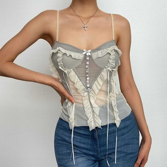 Mesh patchwork ruffle button contrast backless cami crop top