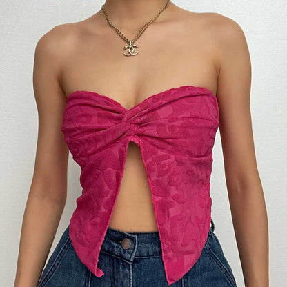 Textured knotted ruched slit sweetheart neck backless tube top