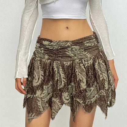 Textured contrast abstract print irregular zip-up ruched mini skirt