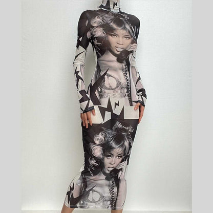 Abstract Print Sheer Mesh See Through High Neck Long Sleeve Maxi Dress