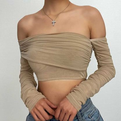 Long sleeve solid mesh off shoulder irregular crop top