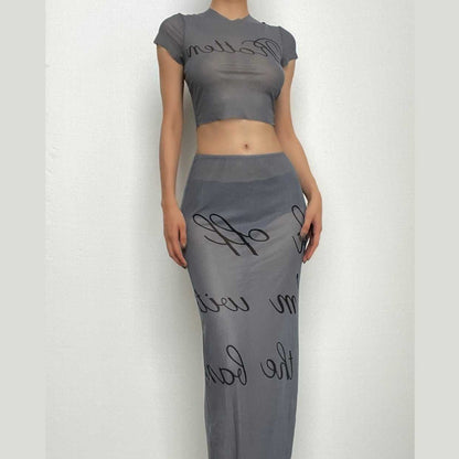 Crewneck short sleeve sheer mesh see through maxi skirt set