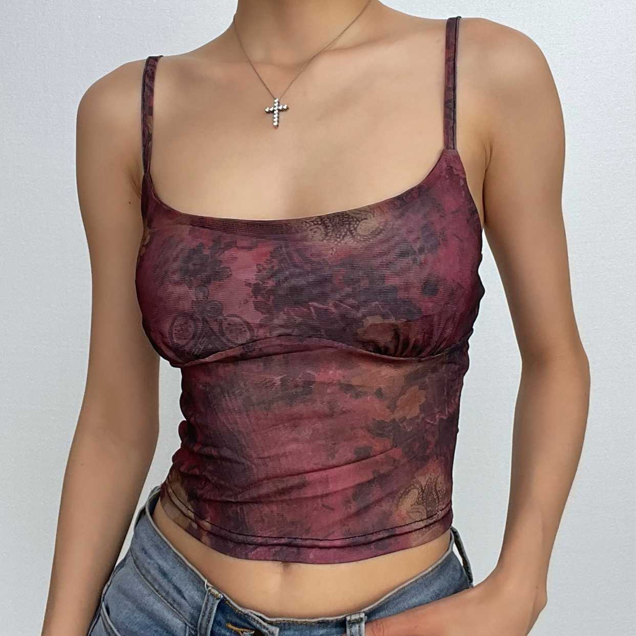 Sheer mesh see through contrast print square neck cami crop top