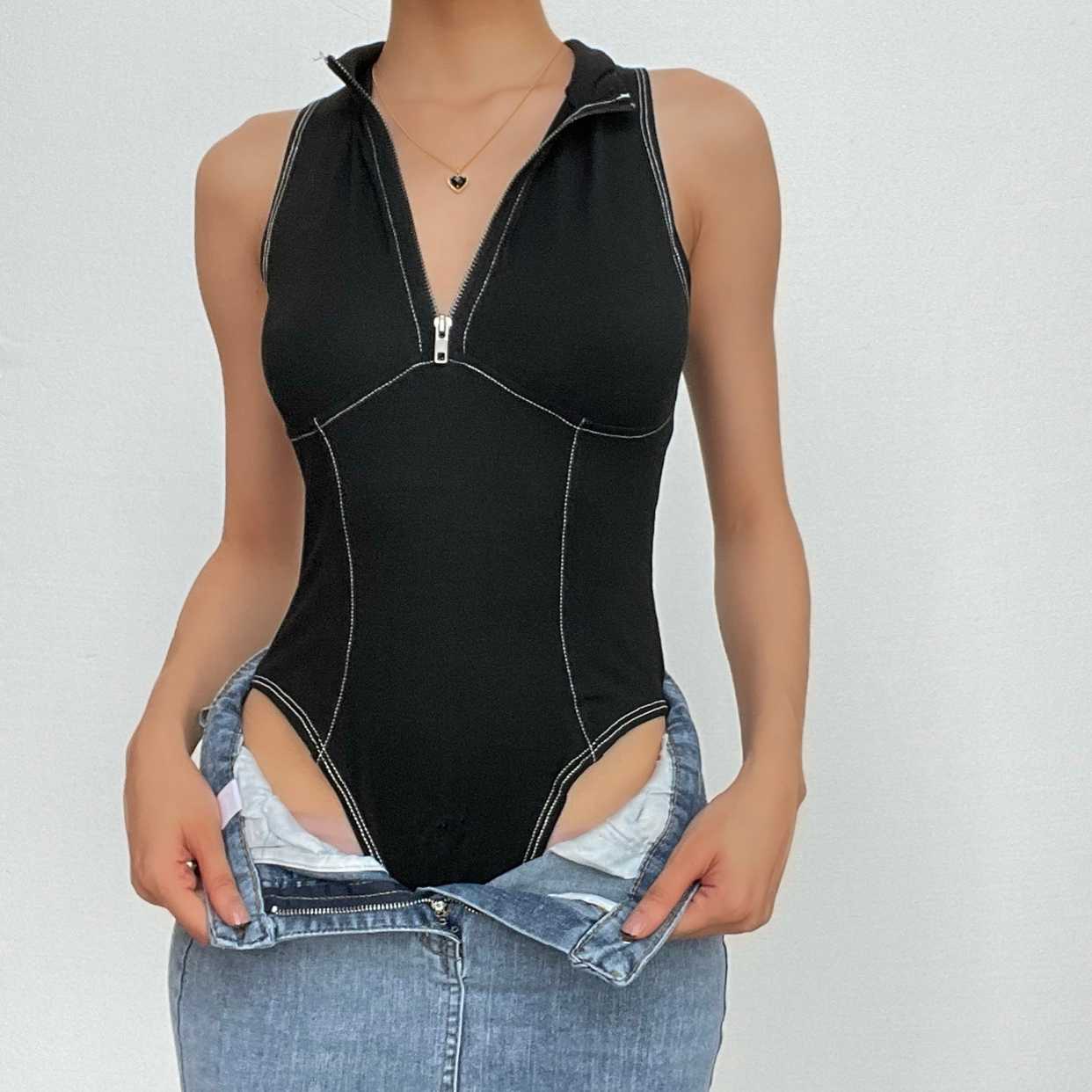 Stitch zip-up sleeveless contrast v neck bodysuit