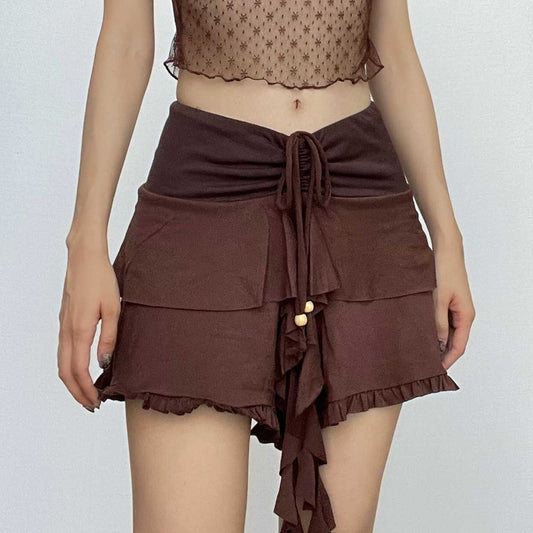 Drawstring ruffle patchwork A line mini skirt