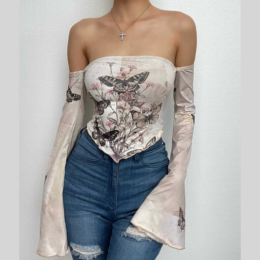 Butterfly print off shoulder flared sleeve contrast backless top