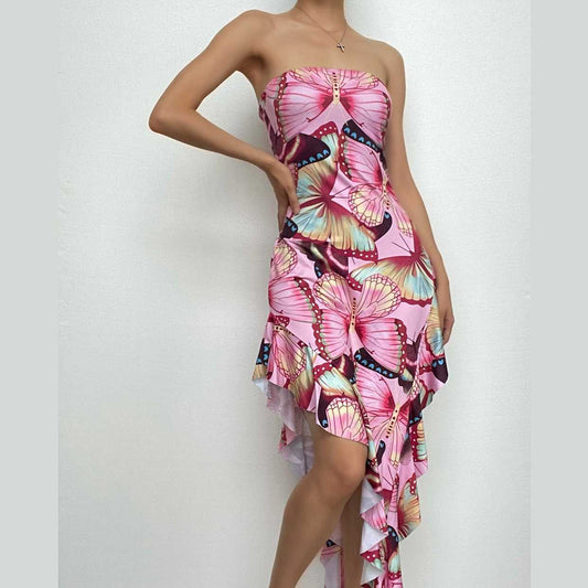 Butterfly print contrast irregular ruffle backless tube maxi dress