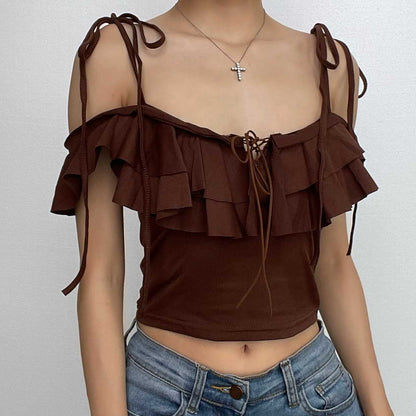 Ruffle solid cap sleeve halter lace up backless top