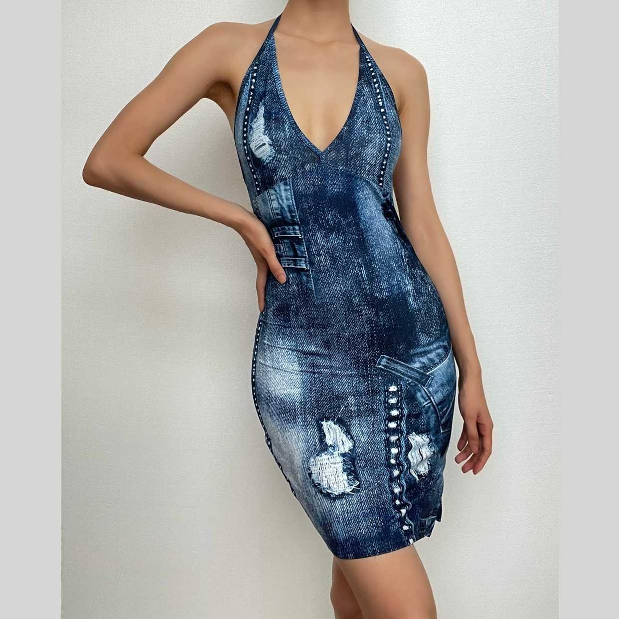 Backless halter self tie v neck contrast print mini dress