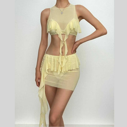 Sheer mesh see through solid ruffle ribbon sleeveless mini skirt set