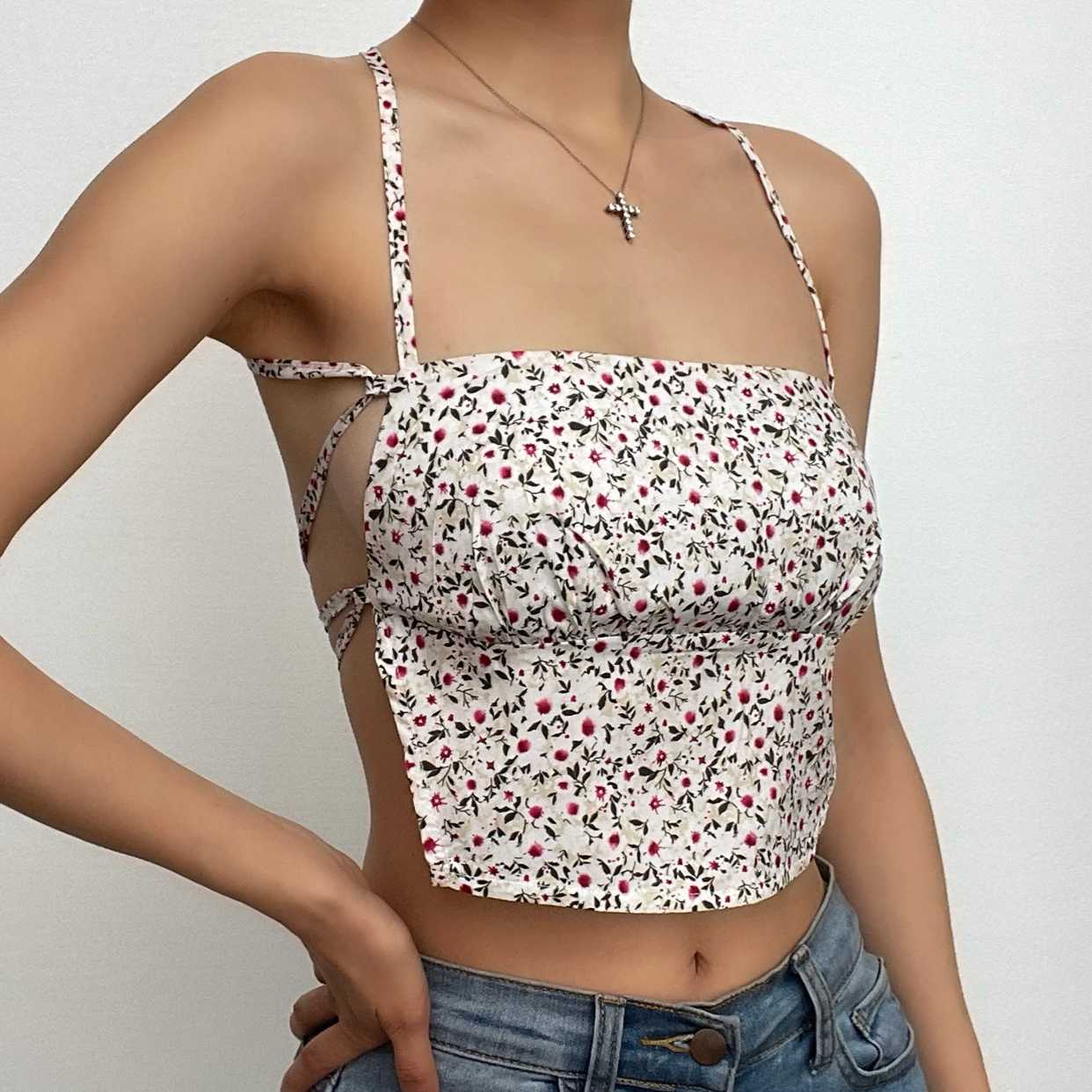 Flower print square neck lace up backless cami crop top