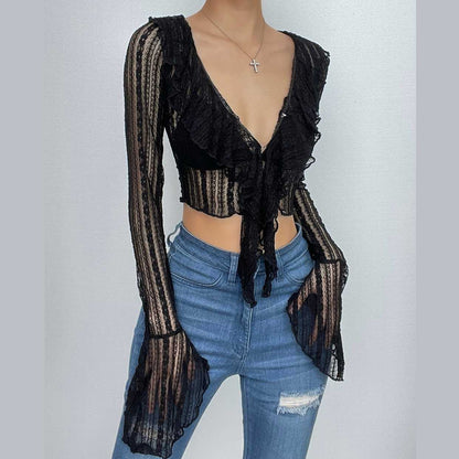 Lace see through flared sleeve v neck ruffle solid button crop top