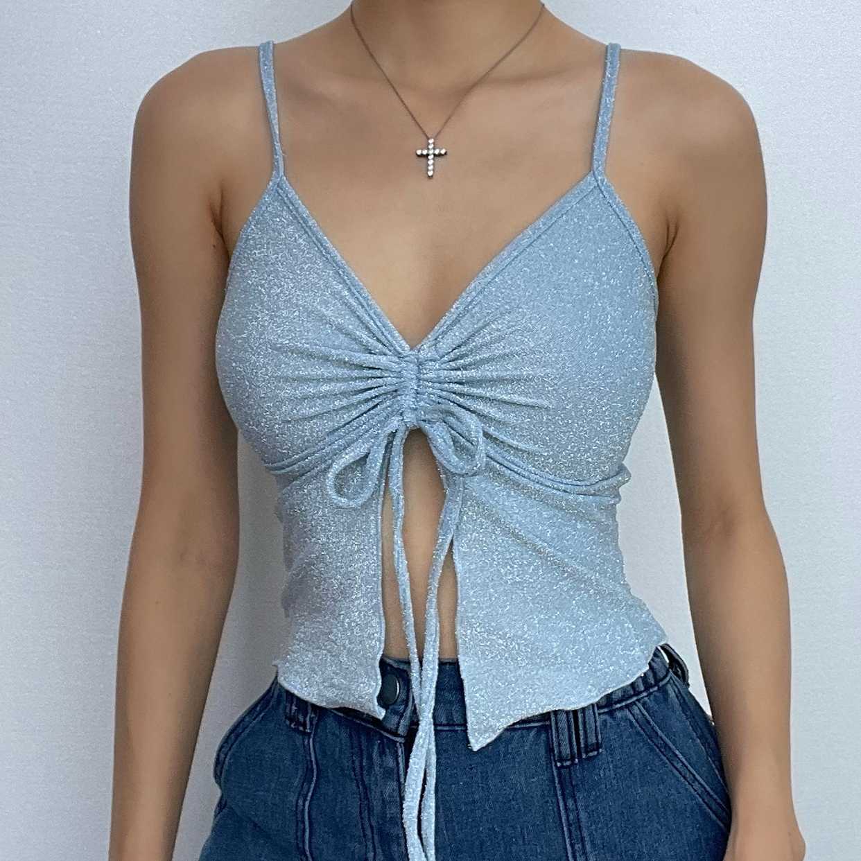 Drawstring v neck textured ruffle backless solid cami crop top