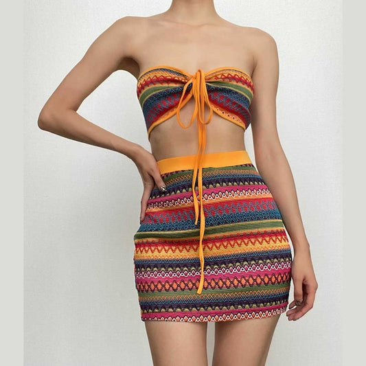 Self tie halter backless contrast print textured mini skirt set