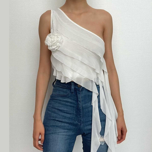 One shoulder ribbon ruffle solid flower applique crop top