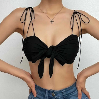 Knotted hollow out solid spaghetti strap self tie backless crop top