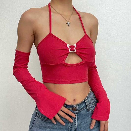 Buckle halter cross front hollow out gloves backless crop top - Final Sale