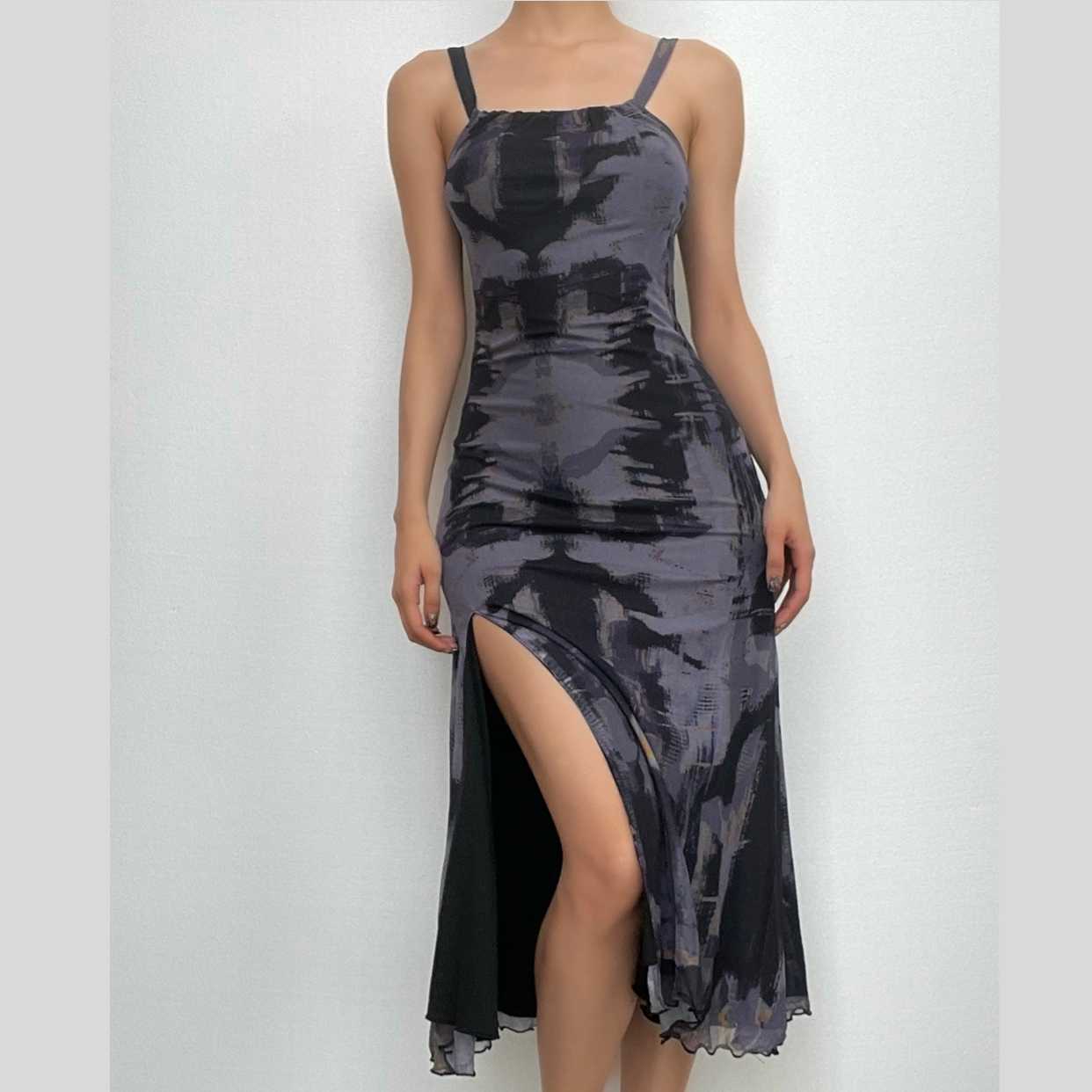 Backless tie dye square neck slit ruffle mesh cami midi dress