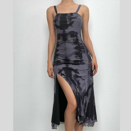 Backless tie dye square neck slit ruffle mesh cami midi dress