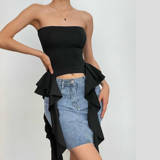 Ruffle ribbon backless solid sleeveless tube crop top