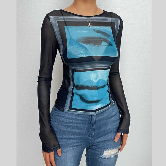 Sheer mesh see through abstract print long sleeve contrast top