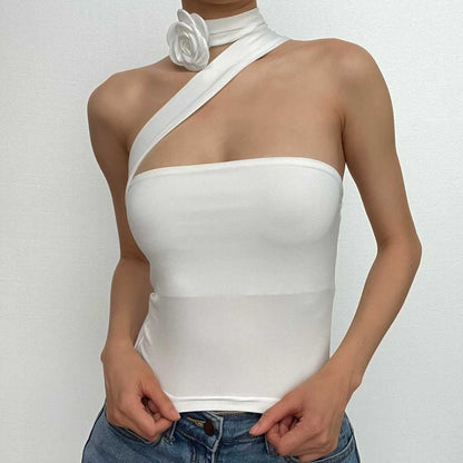 Solid one shoulder flower applique ribbon crop top