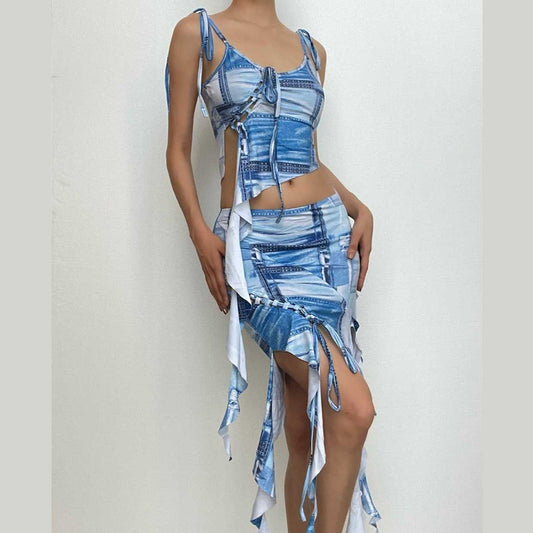 Denim print contrast ruffle lace up irregular self tie mini skirt set