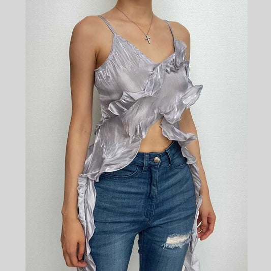 Ruffle v neck zip-up ribbon irregular backless cami crop top