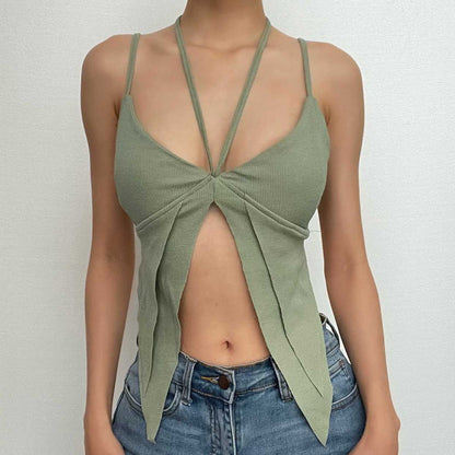 Solid halter ribbed self tie slit backless crop top