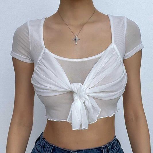 Sheer mesh see through short sleeve ruffle self tie crop top