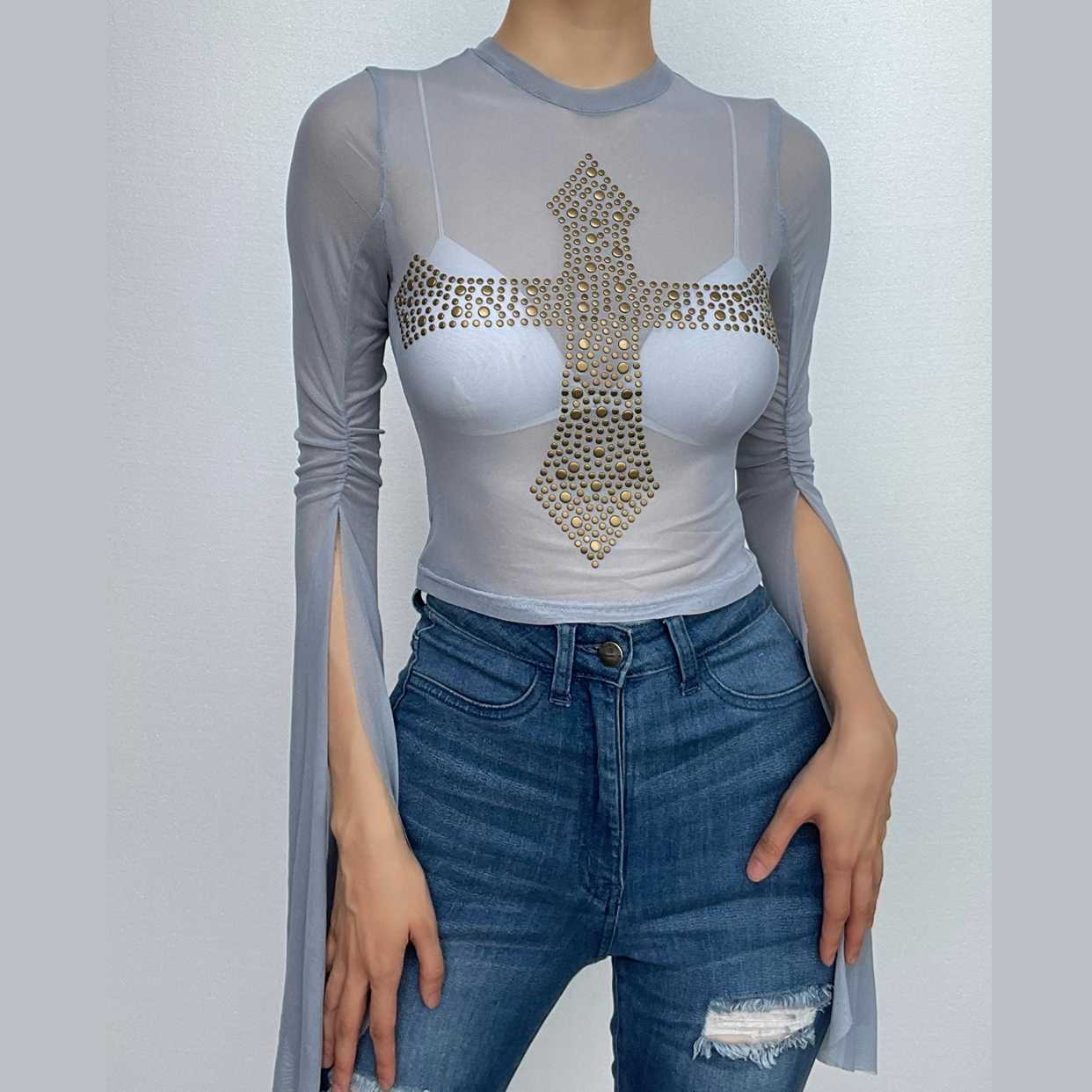 Sheer mesh see through long sleeve beaded ruched slit top