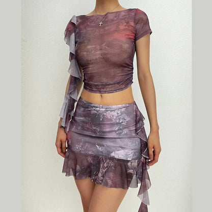 Sheer mesh see through ruffle short sleeve contrast print mini skirt set