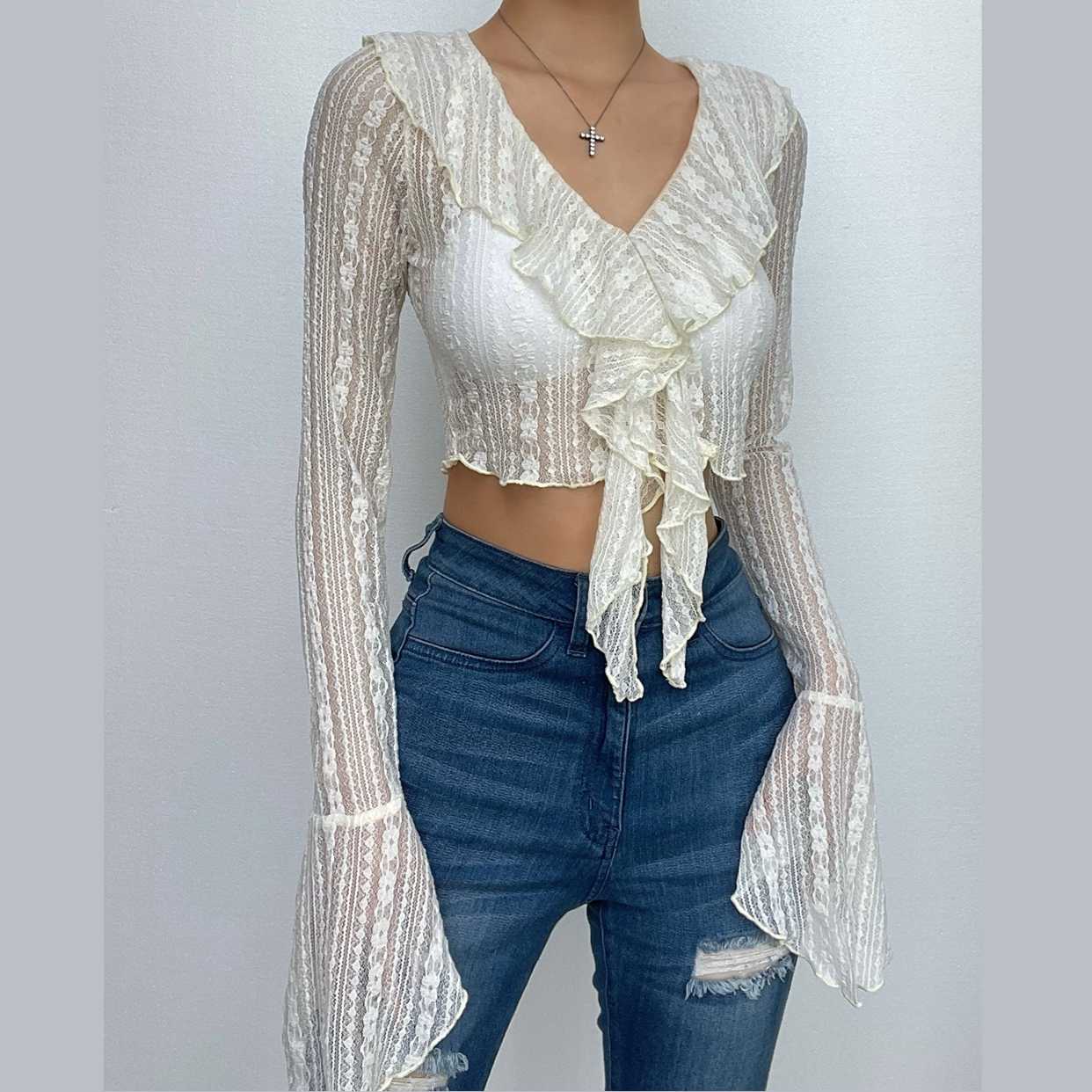 Lace see through flared sleeve v neck ruffle solid button crop top