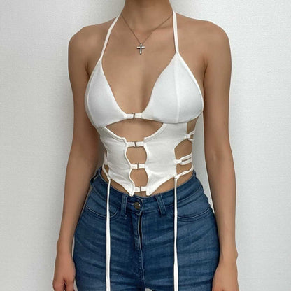 Button hollow out v neck halter backless lace up crop top