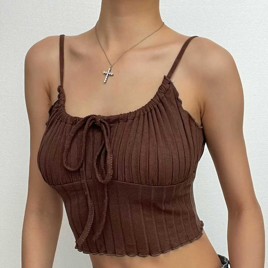 Pleated sleeveless drawstring solid backless self tie crop top