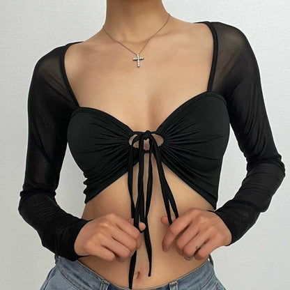 Long sleeve solid mesh hollow out self tie crop top