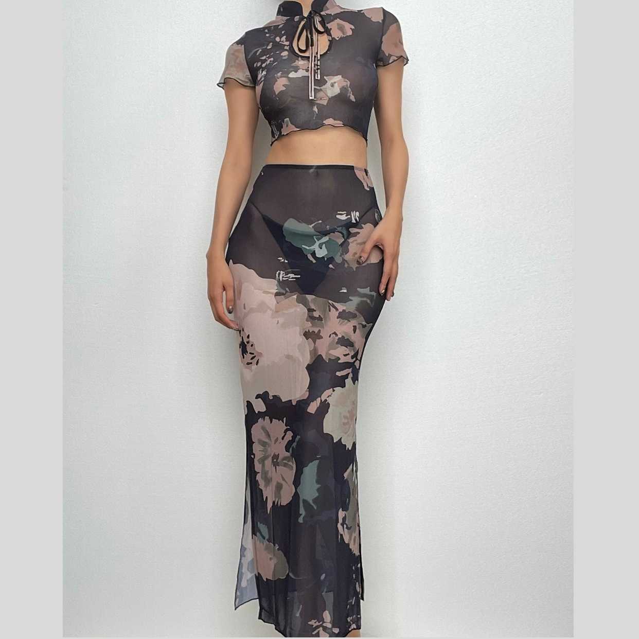 Short sleeve tie dye sheer mesh see through slit hollow out maxi skirt set