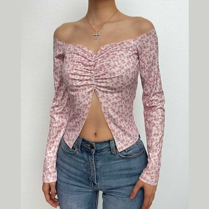 Long sleeve off shoulder slit flower pattern print crop top