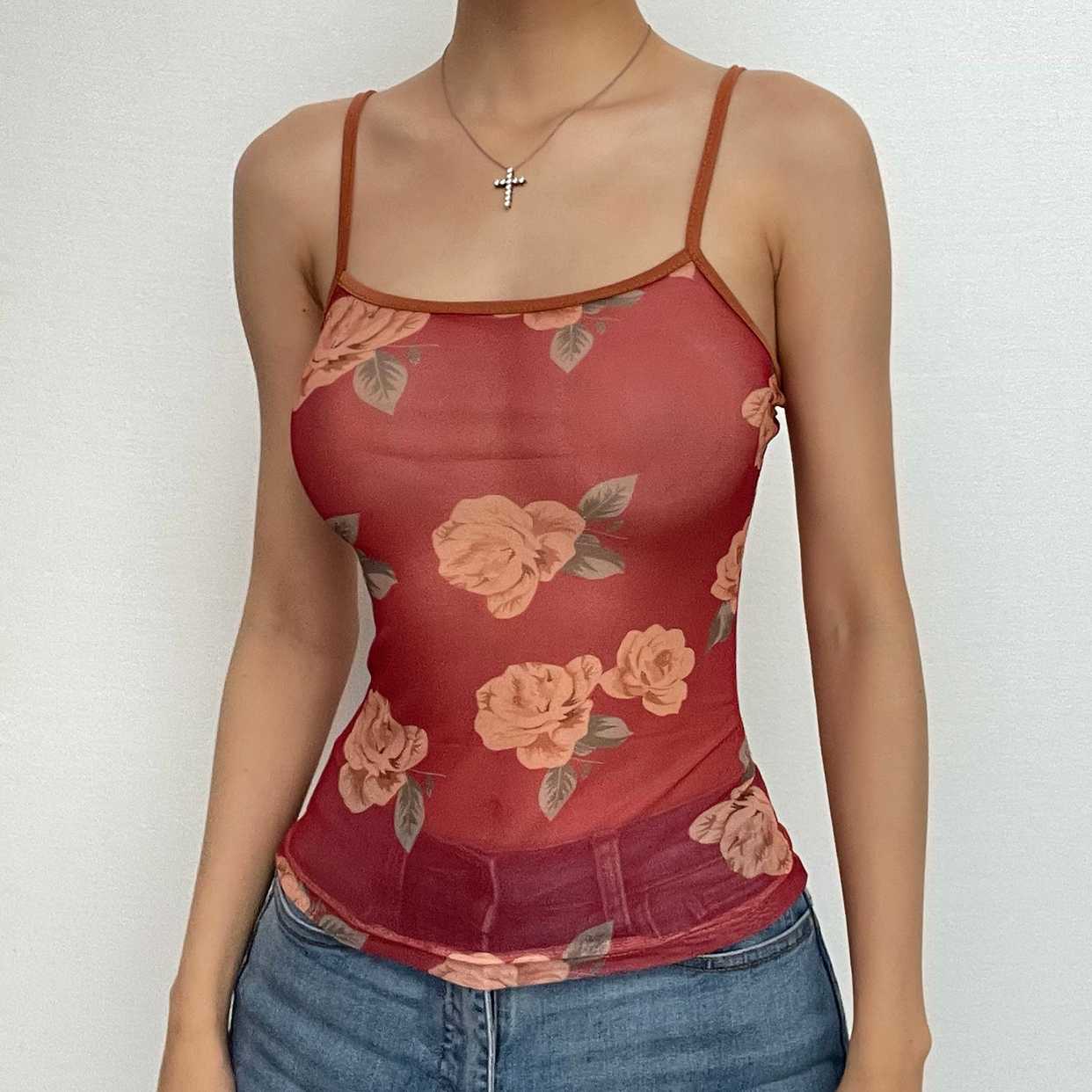 Contrast flower print mesh square neck cami top