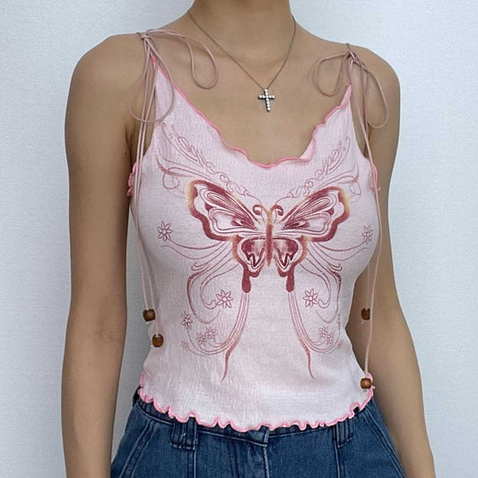 Textured butterfly pattern contrast ruffle self tie v neck backless top