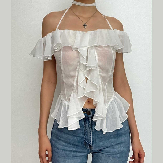 Ruffle off shoulder halter see through slit solid top