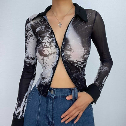 Sheer mesh see through turnover collar long sleeve button top