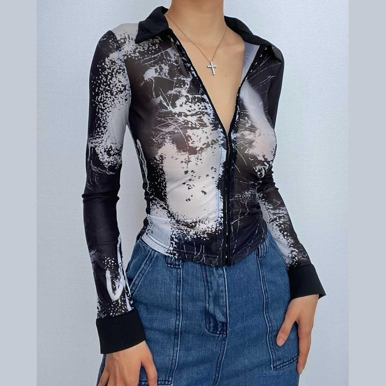 Sheer mesh see through turnover collar long sleeve button top