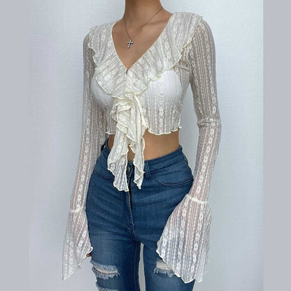 Lace see through flared sleeve v neck ruffle solid button crop top