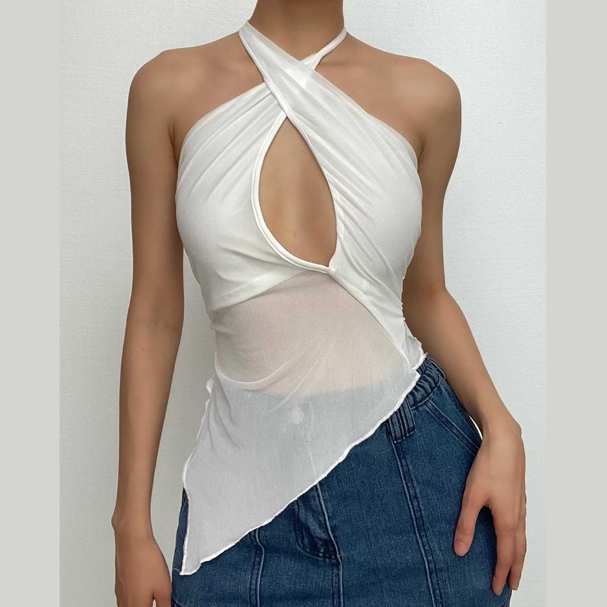 Mesh irregular contrast halter self tie backless ruched crop top