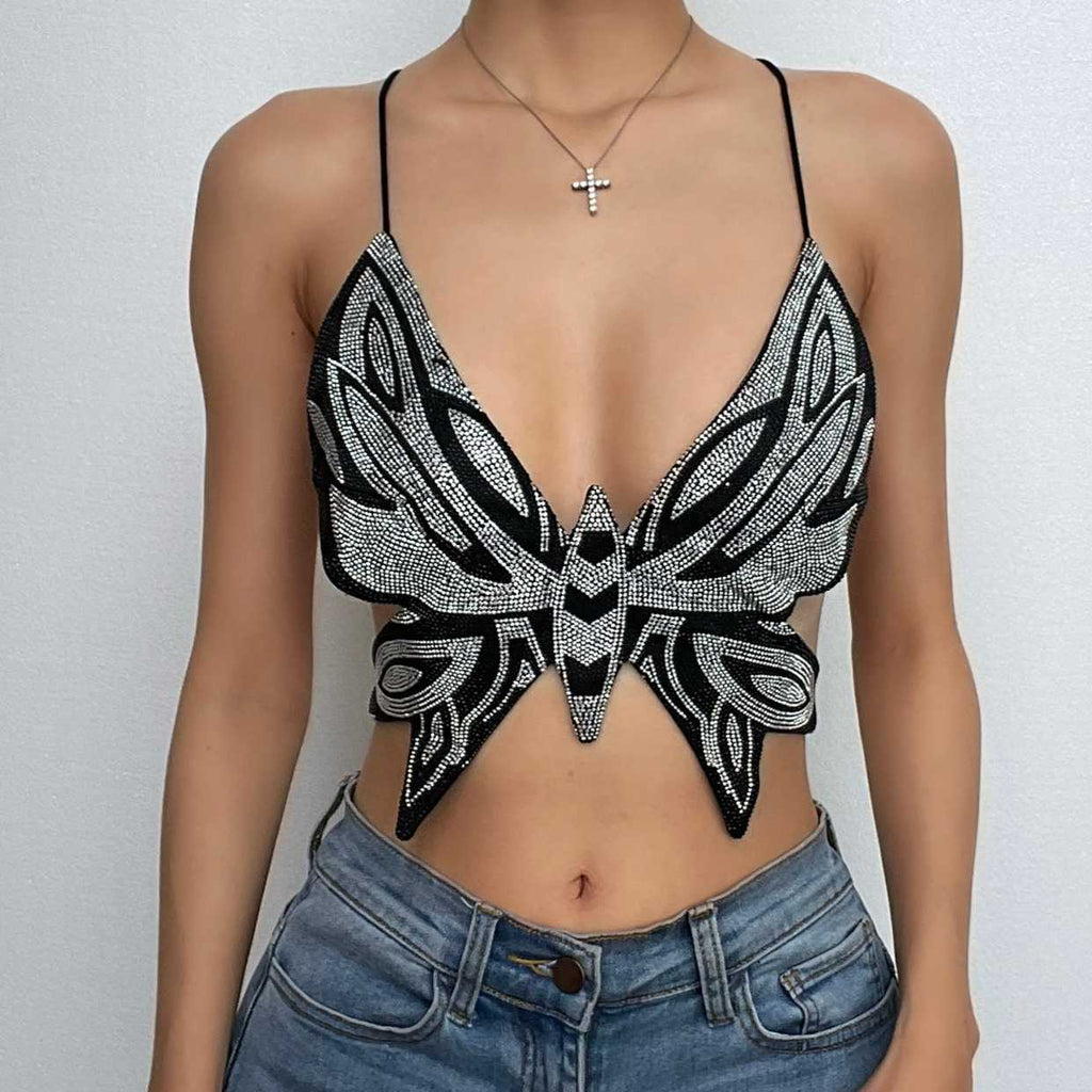 Rückenfreies Crop-Top mit Perlenverzierung und Schmetterlings-Print, gekreuzter Rücken, V-Ausschnitt, Schnürung 