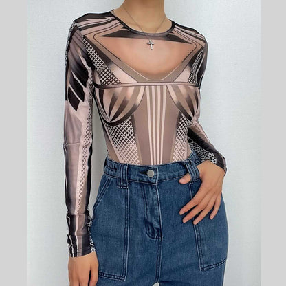 Long sleeve sheer mesh see through abstract print bodysuit